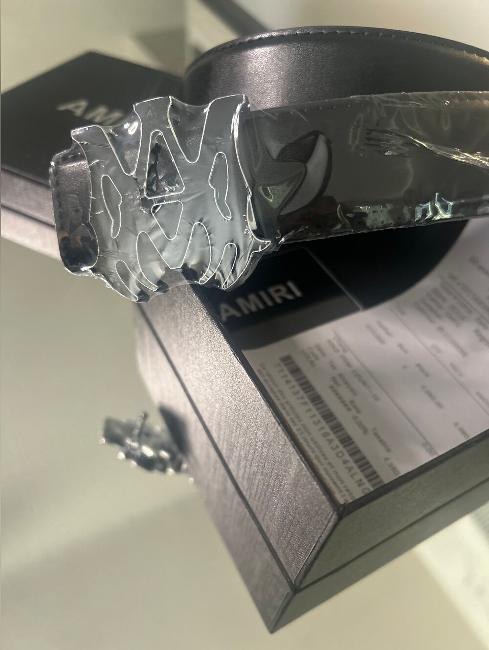AMIRI Black Leather Belt with Silver Signature Buckle